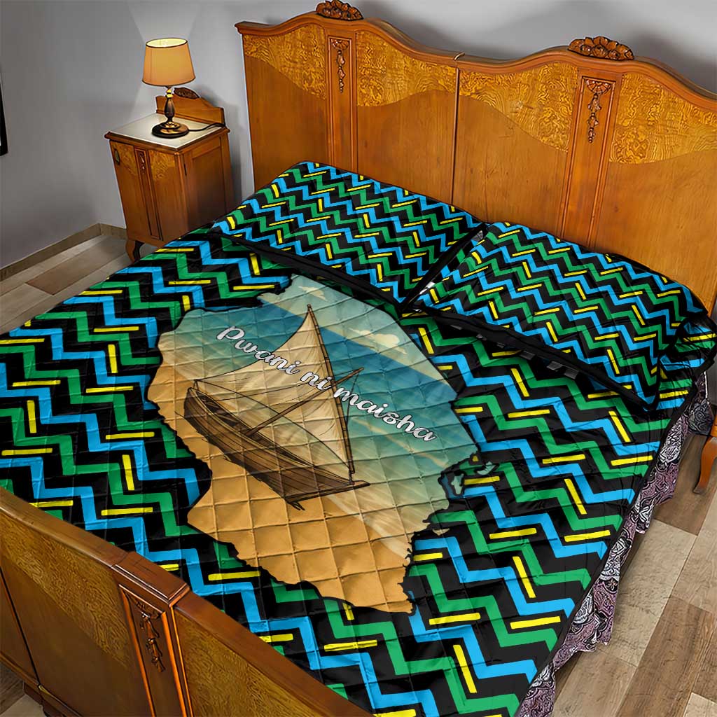 Tanzania Coastal Life Quilt Bed Set - Swahili Dhow Boat and Tribal Pattern