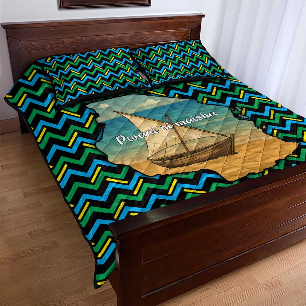 Tanzania Coastal Life Quilt Bed Set - Swahili Dhow Boat and Tribal Pattern
