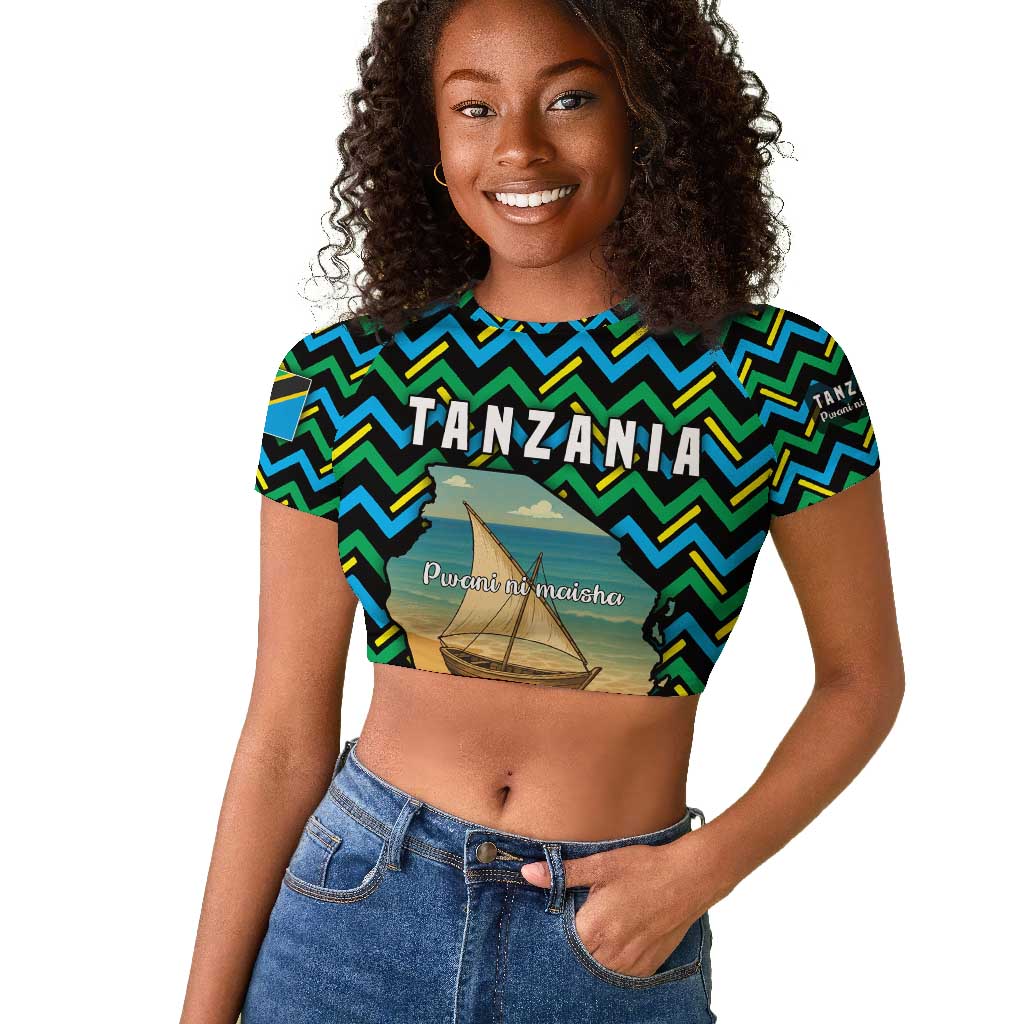 Tanzania Coastal Life Raglan Cropped T shirt - Swahili Dhow Boat and Tribal Pattern