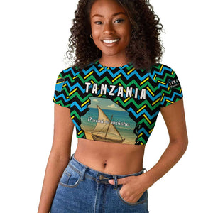 Tanzania Coastal Life Raglan Cropped T shirt - Swahili Dhow Boat and Tribal Pattern