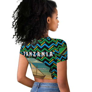 Tanzania Coastal Life Raglan Cropped T shirt - Swahili Dhow Boat and Tribal Pattern