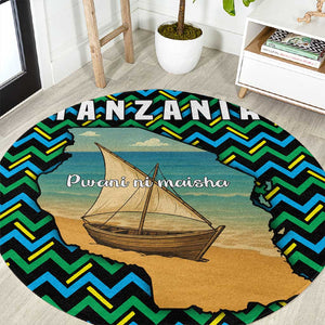 Tanzania Coastal Life Round Carpet - Swahili Dhow Boat and Tribal Pattern