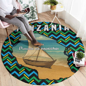 Tanzania Coastal Life Round Carpet - Swahili Dhow Boat and Tribal Pattern