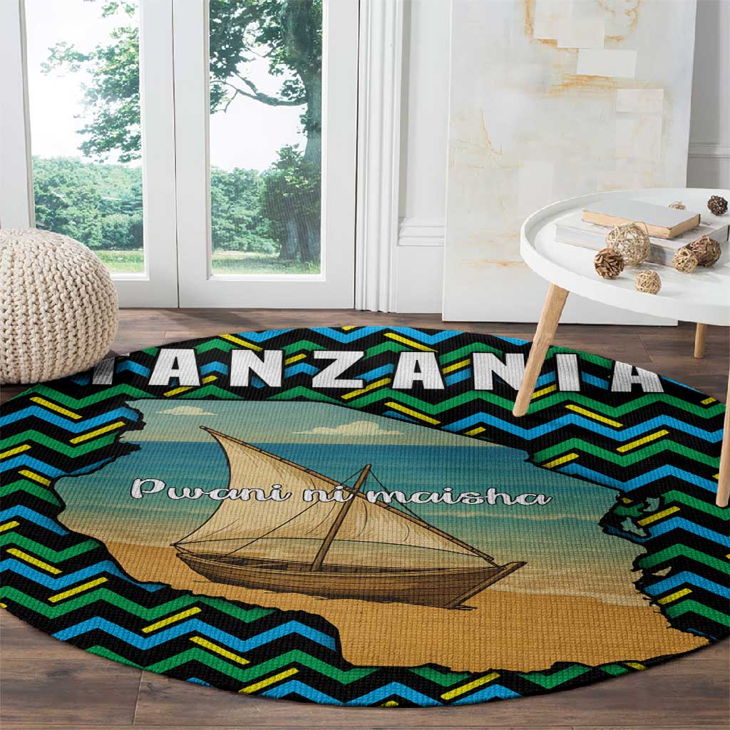 Tanzania Coastal Life Round Carpet - Swahili Dhow Boat and Tribal Pattern