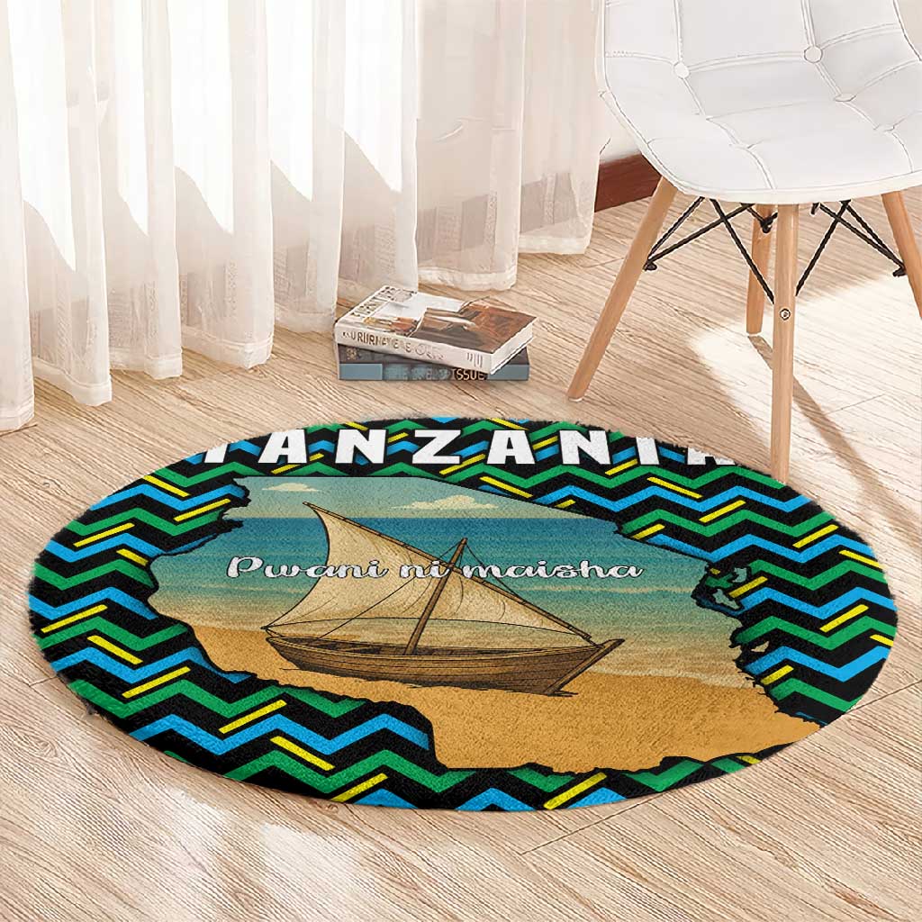 Tanzania Coastal Life Round Carpet - Swahili Dhow Boat and Tribal Pattern