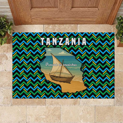 Tanzania Coastal Life Rubber Doormat - Swahili Dhow Boat and Tribal Pattern