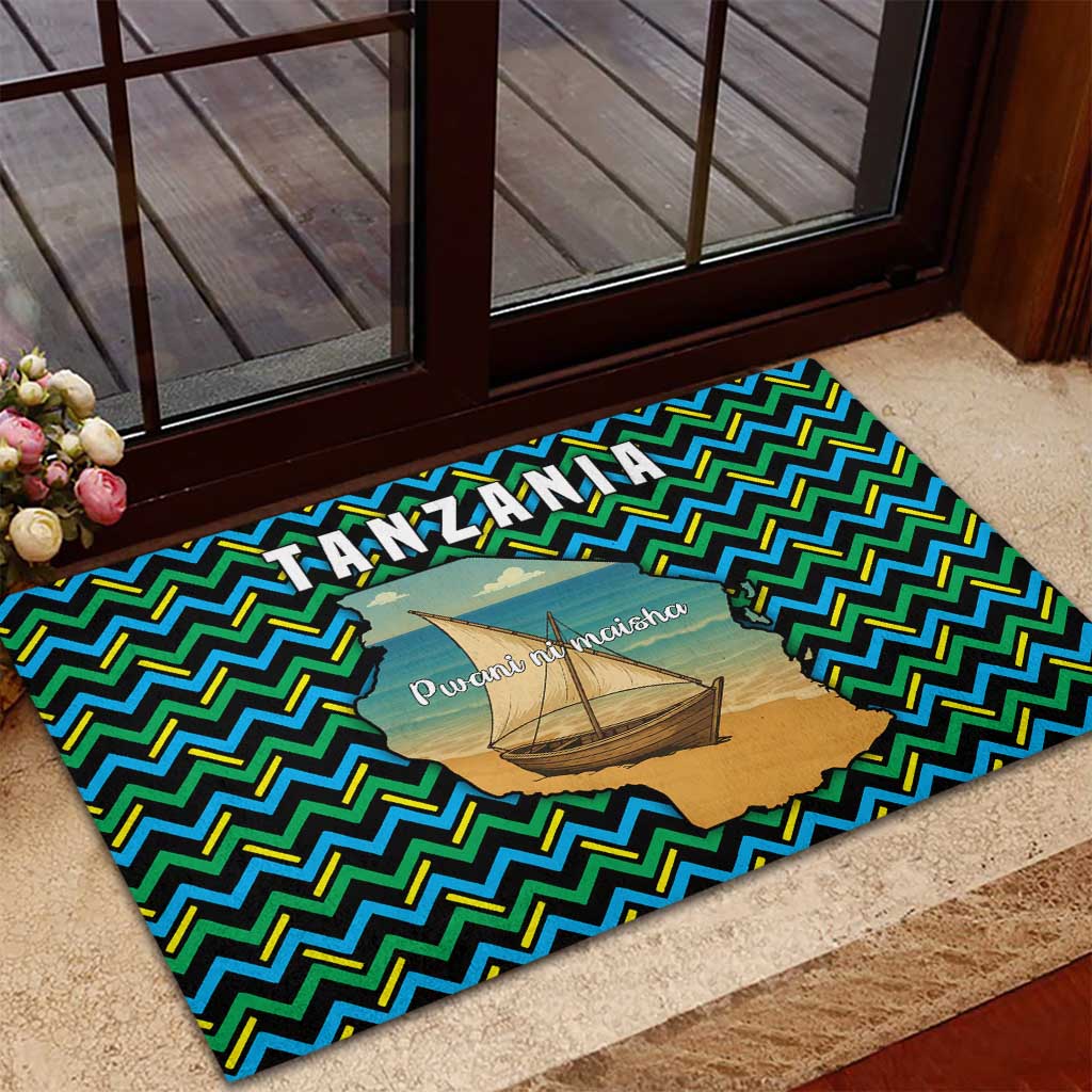 Tanzania Coastal Life Rubber Doormat - Swahili Dhow Boat and Tribal Pattern