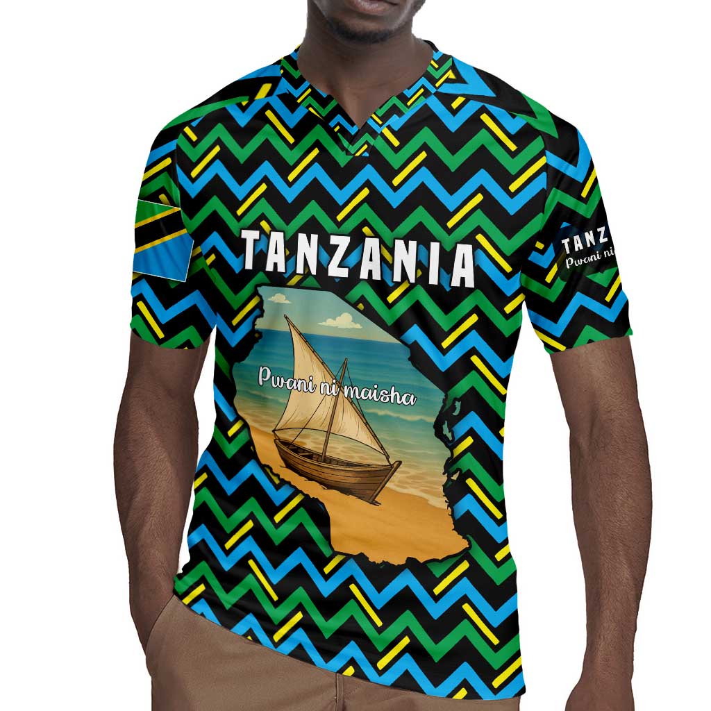 Tanzania Coastal Life Rugby Jersey - Swahili Dhow Boat and Tribal Pattern