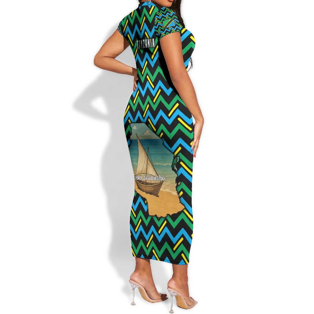 Tanzania Coastal Life Short Sleeve Bodycon Dress - Swahili Dhow Boat and Tribal Pattern by AfricanPride Tanzania Coastal Life Short Sleeve Bodycon Dress - Swahili Dhow Boat and Tribal Pattern by AfricanPride