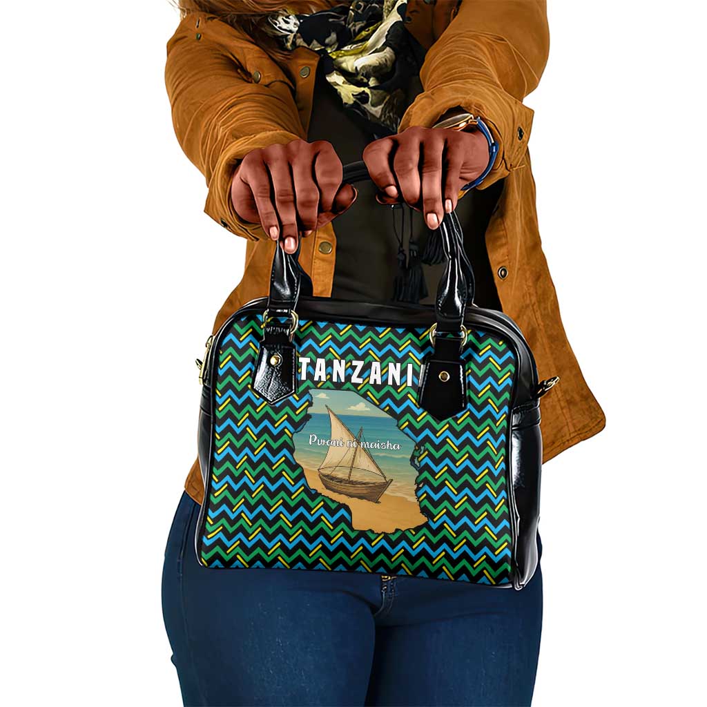 Tanzania Coastal Life Shoulder Handbag - Swahili Dhow Boat and Tribal Pattern