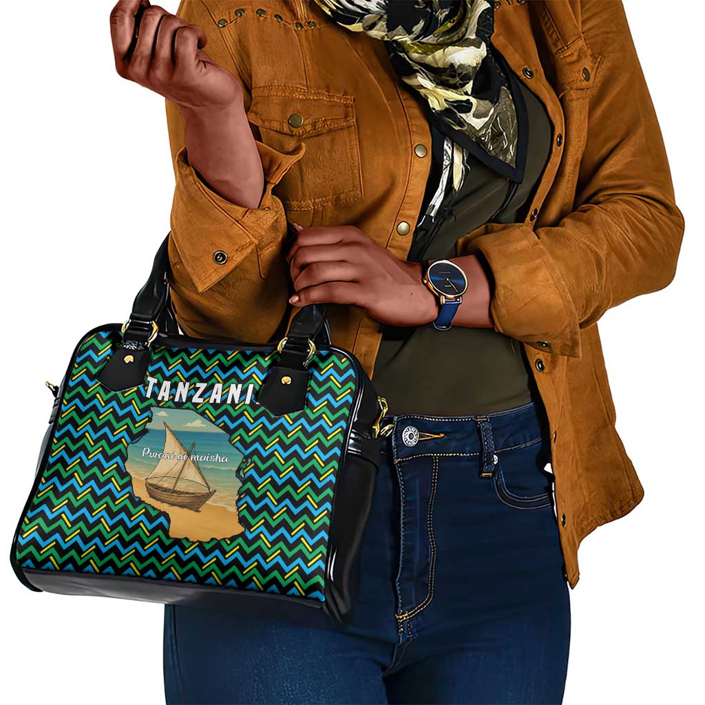 Tanzania Coastal Life Shoulder Handbag - Swahili Dhow Boat and Tribal Pattern