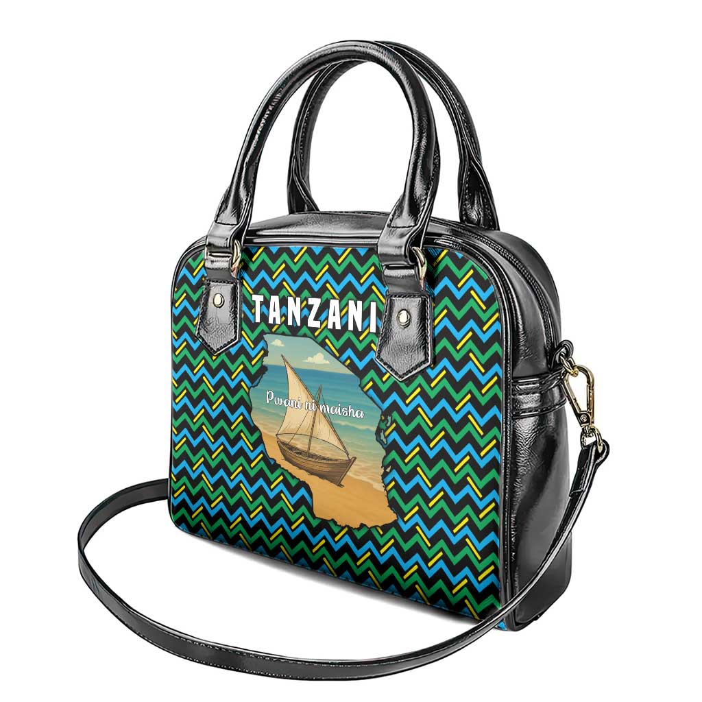 Tanzania Coastal Life Shoulder Handbag - Swahili Dhow Boat and Tribal Pattern