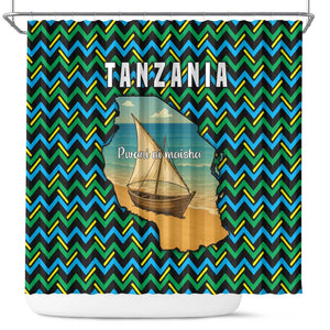 Tanzania Coastal Life Shower Curtain - Swahili Dhow Boat and Tribal Pattern