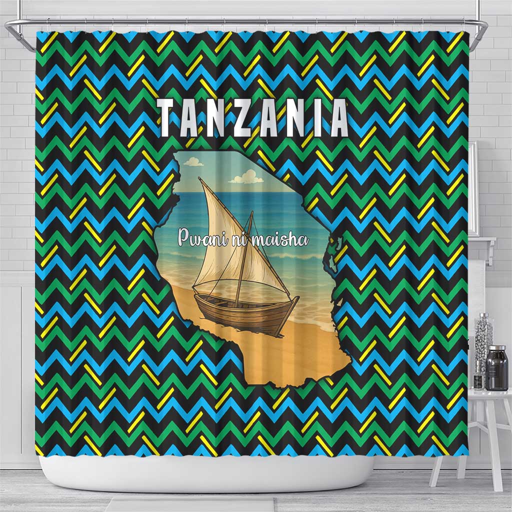 Tanzania Coastal Life Shower Curtain - Swahili Dhow Boat and Tribal Pattern