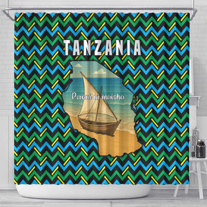 Tanzania Coastal Life Shower Curtain - Swahili Dhow Boat and Tribal Pattern