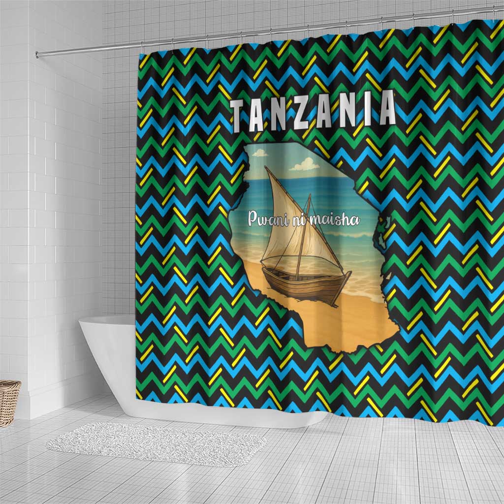Tanzania Coastal Life Shower Curtain - Swahili Dhow Boat and Tribal Pattern