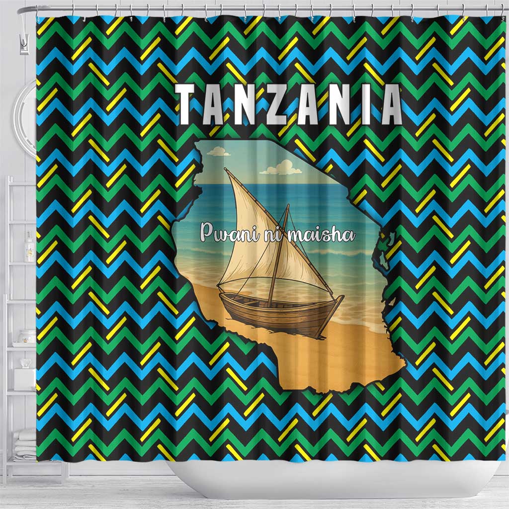 Tanzania Coastal Life Shower Curtain - Swahili Dhow Boat and Tribal Pattern