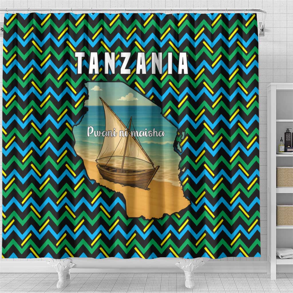 Tanzania Coastal Life Shower Curtain - Swahili Dhow Boat and Tribal Pattern