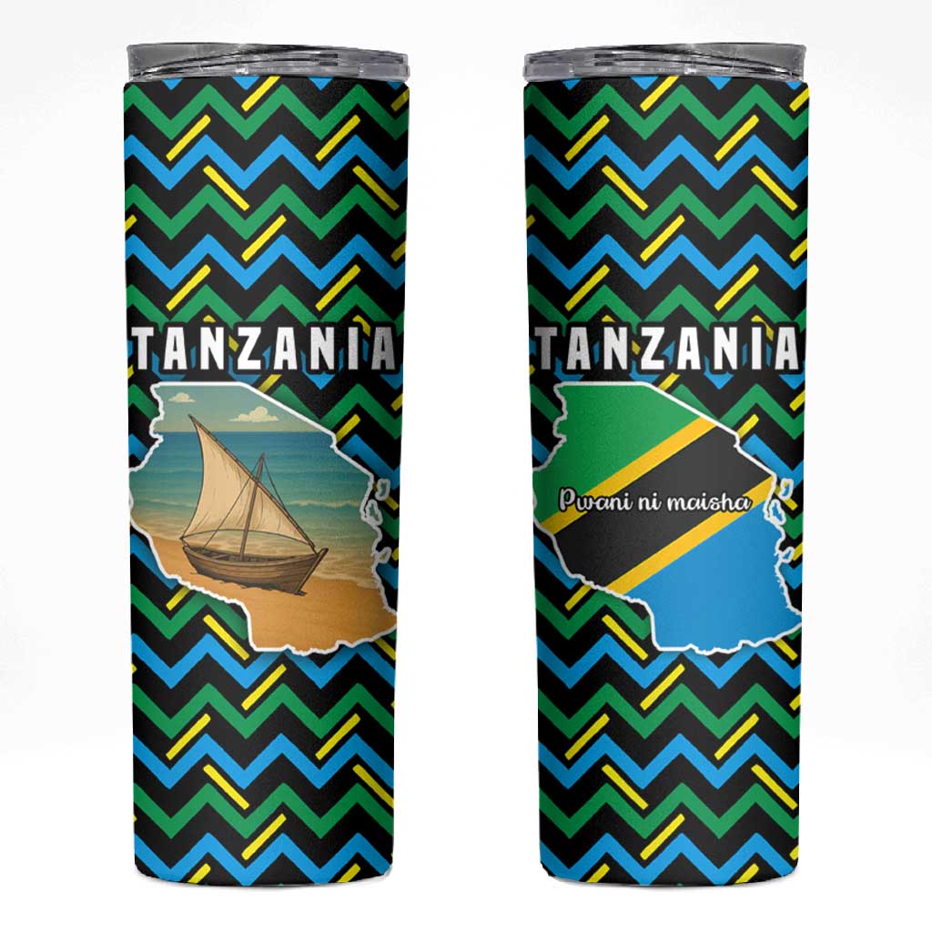 Tanzania Coastal Life Skinny Tumbler - Swahili Dhow Boat and Tribal Pattern
