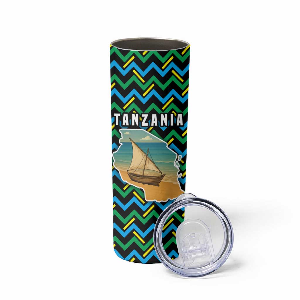 Tanzania Coastal Life Skinny Tumbler - Swahili Dhow Boat and Tribal Pattern