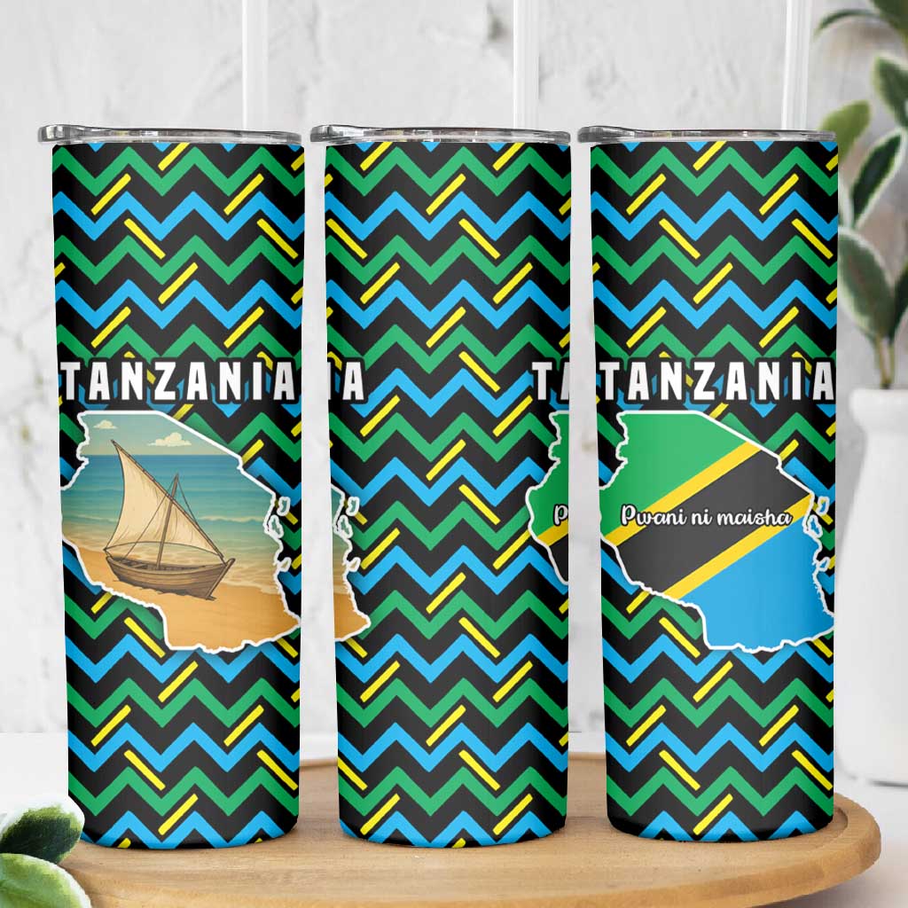 Tanzania Coastal Life Skinny Tumbler - Swahili Dhow Boat and Tribal Pattern