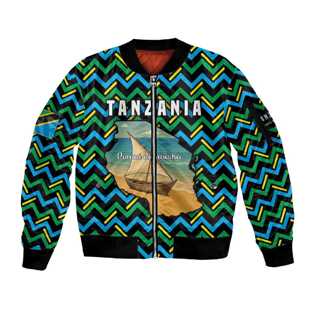 Tanzania Coastal Life Sleeve Zip Bomber Jacket - Swahili Dhow Boat and Tribal Pattern