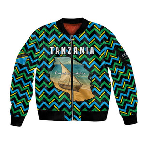 Tanzania Coastal Life Sleeve Zip Bomber Jacket - Swahili Dhow Boat and Tribal Pattern