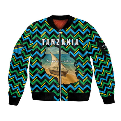 Tanzania Coastal Life Sleeve Zip Bomber Jacket - Swahili Dhow Boat and Tribal Pattern