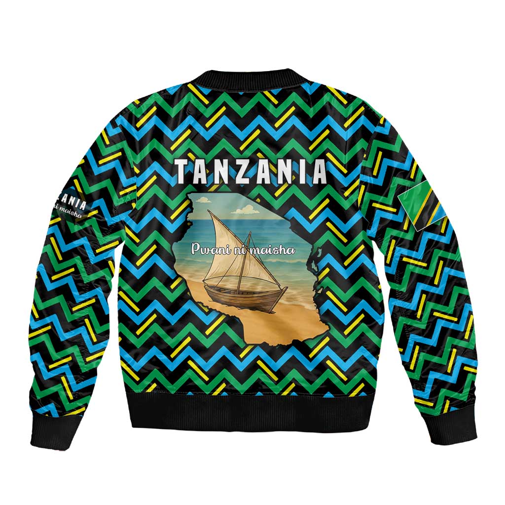 Tanzania Coastal Life Sleeve Zip Bomber Jacket - Swahili Dhow Boat and Tribal Pattern