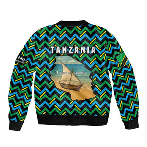 Tanzania Coastal Life Sleeve Zip Bomber Jacket - Swahili Dhow Boat and Tribal Pattern