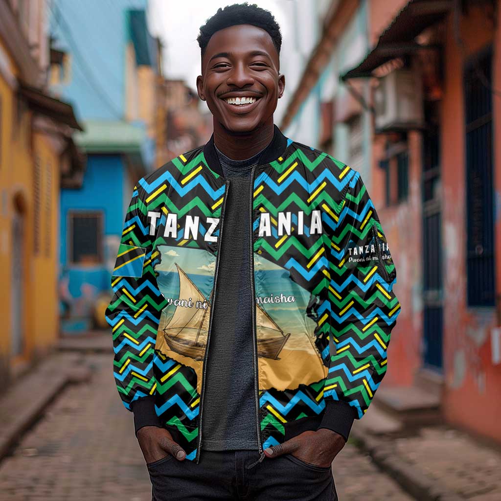Tanzania Coastal Life Sleeve Zip Bomber Jacket - Swahili Dhow Boat and Tribal Pattern