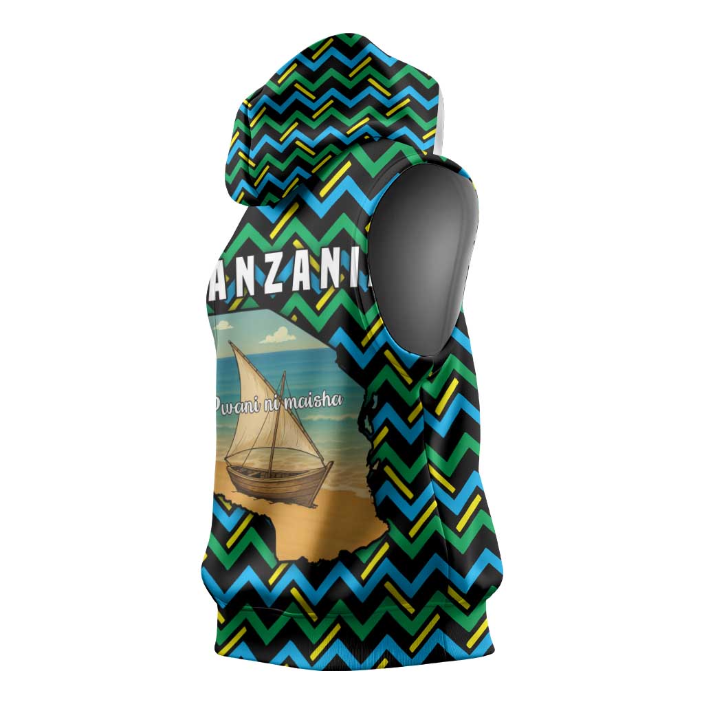 Tanzania Coastal Life Sleeveless Hoodie - Swahili Dhow Boat and Tribal Pattern - African Pride