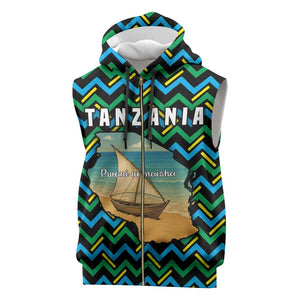 Tanzania Coastal Life Sleeveless Zip Hoodie - Swahili Dhow Boat and Tribal Pattern - African Pride