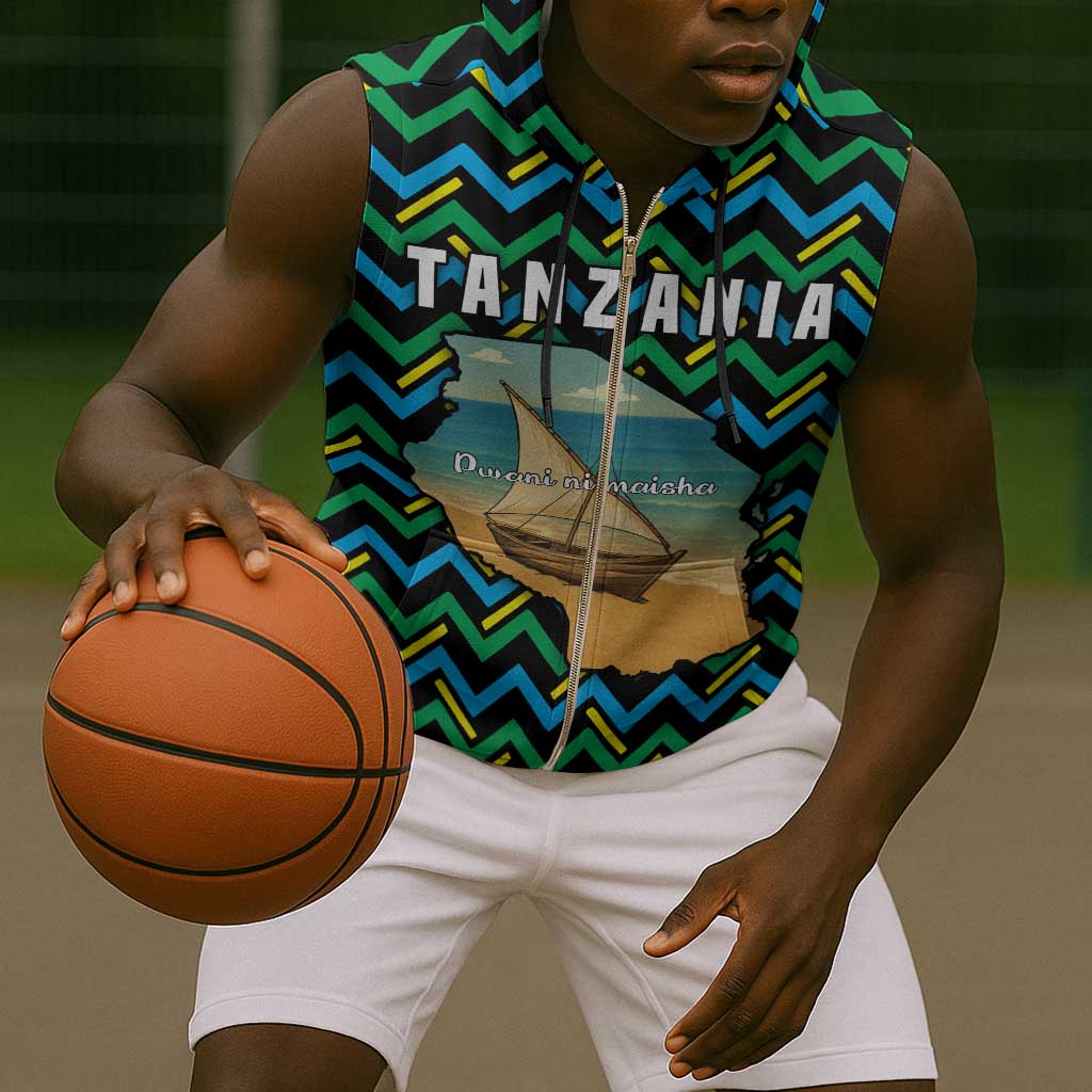 Tanzania Coastal Life Sleeveless Zip Hoodie - Swahili Dhow Boat and Tribal Pattern - African Pride