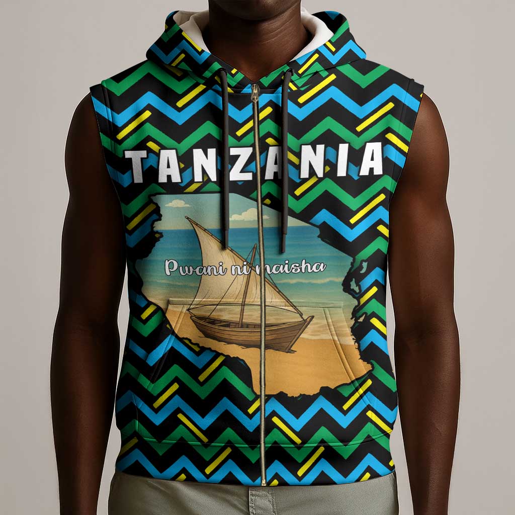Tanzania Coastal Life Sleeveless Zip Hoodie - Swahili Dhow Boat and Tribal Pattern - African Pride