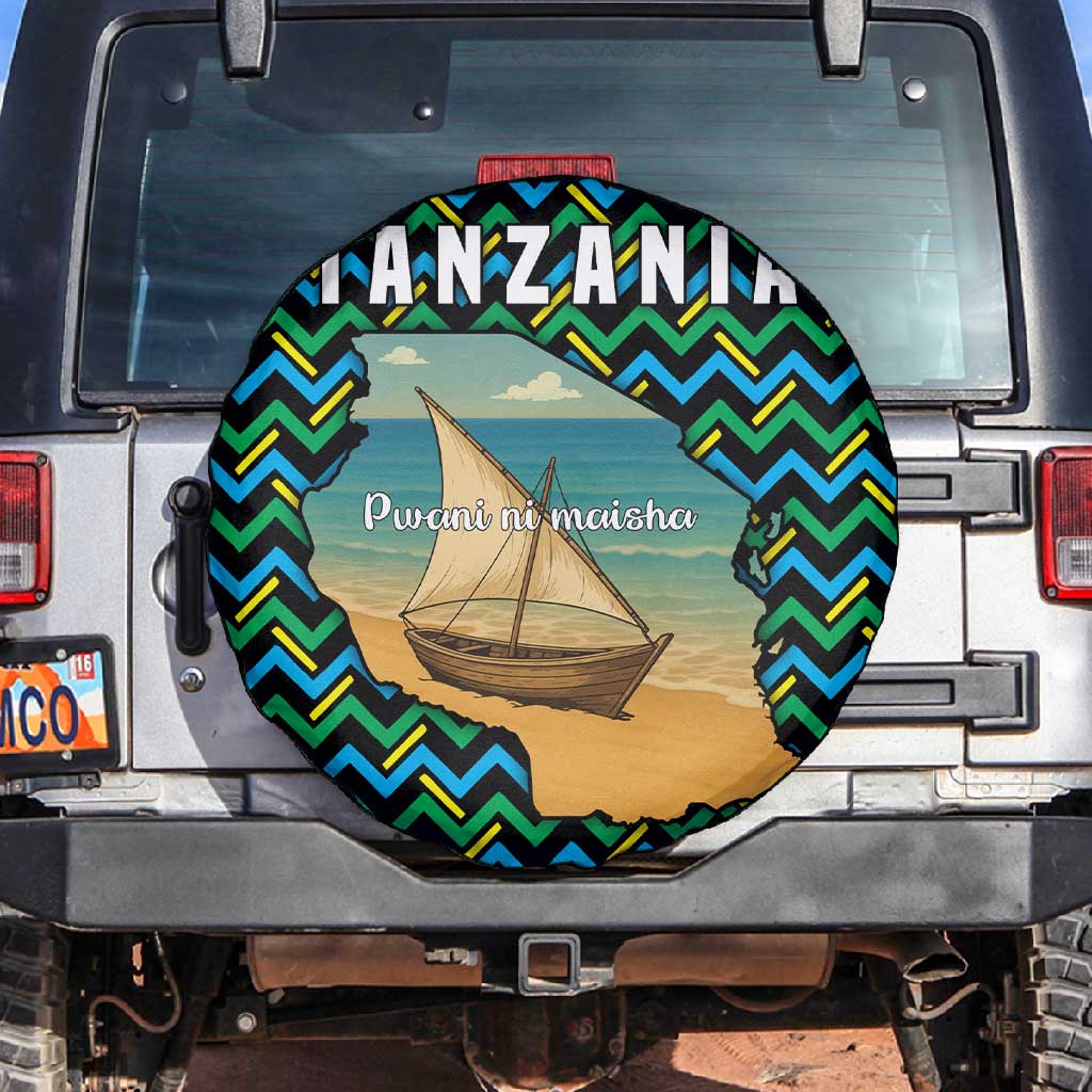 Tanzania Coastal Life Spare Tire Cover - Swahili Dhow Boat and Tribal Pattern