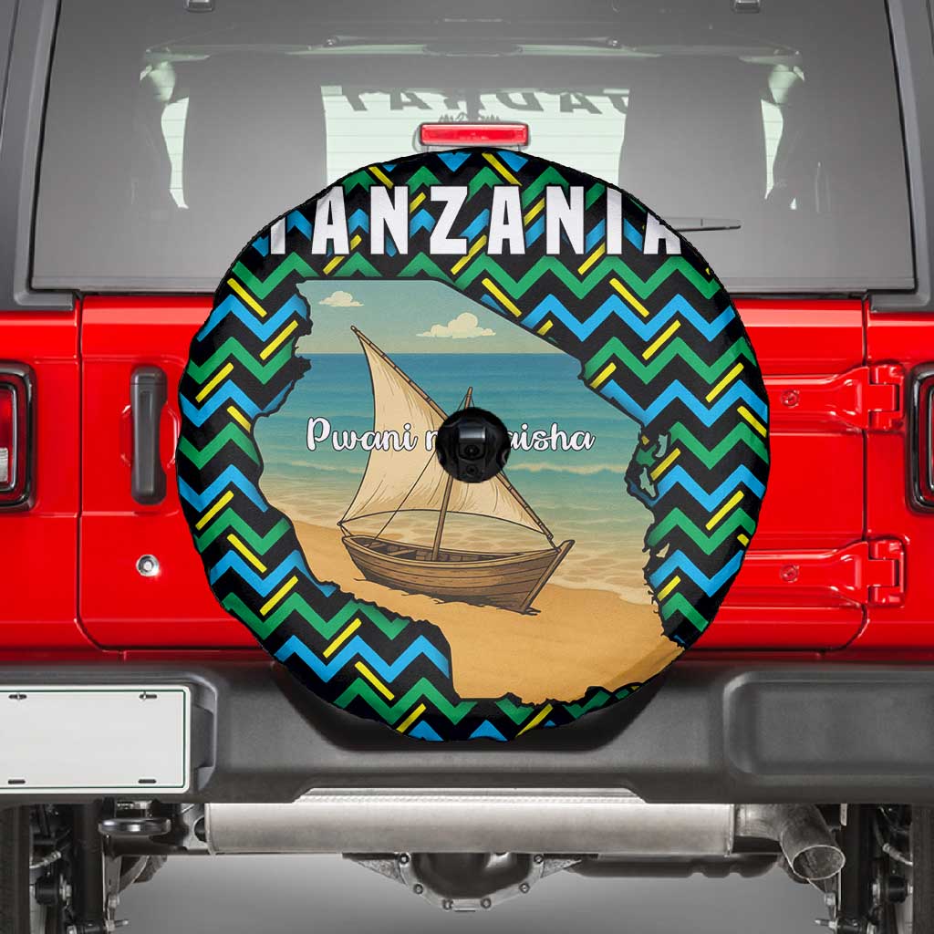Tanzania Coastal Life Spare Tire Cover - Swahili Dhow Boat and Tribal Pattern