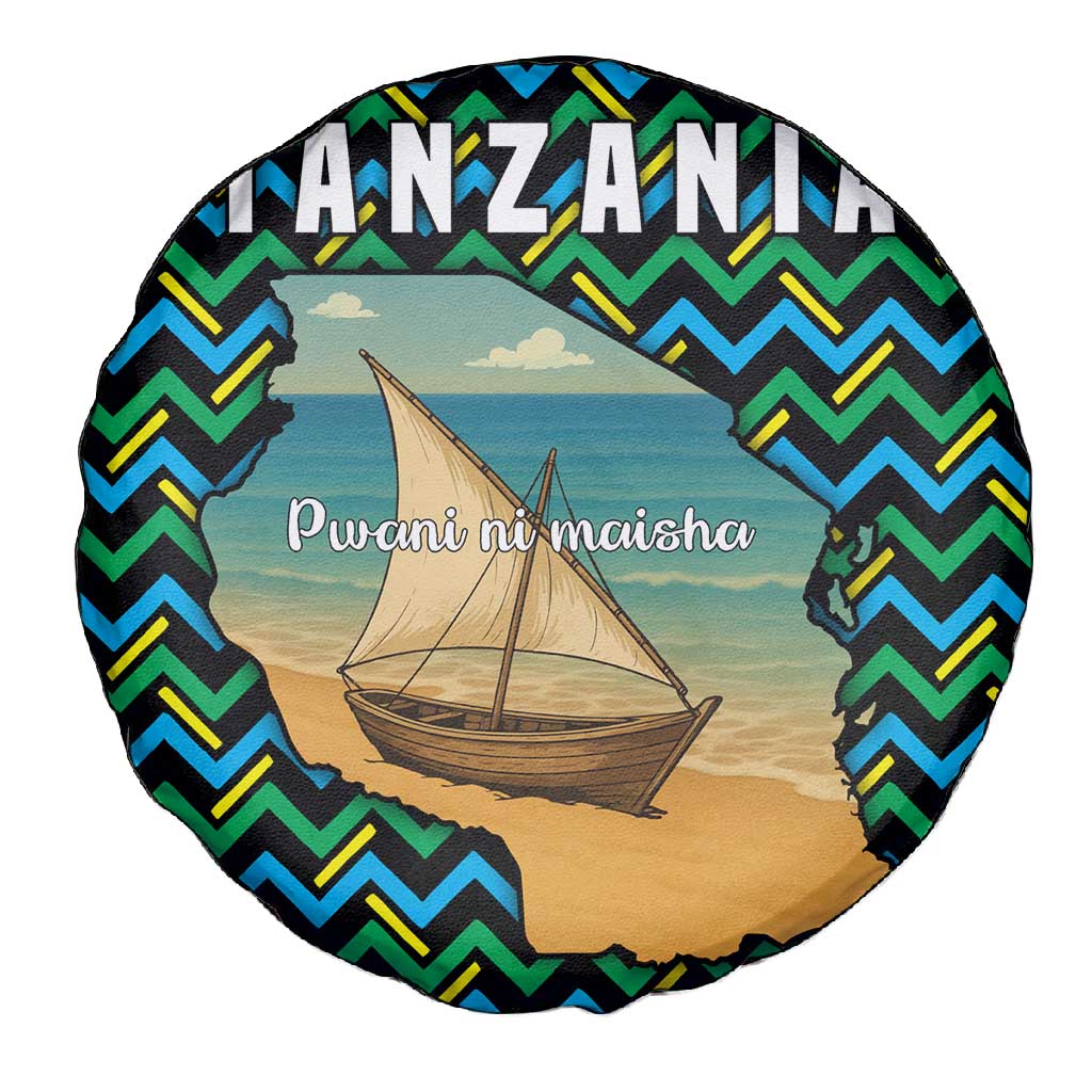Tanzania Coastal Life Spare Tire Cover - Swahili Dhow Boat and Tribal Pattern