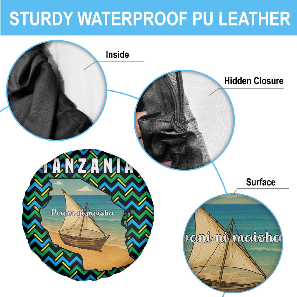 Tanzania Coastal Life Spare Tire Cover - Swahili Dhow Boat and Tribal Pattern