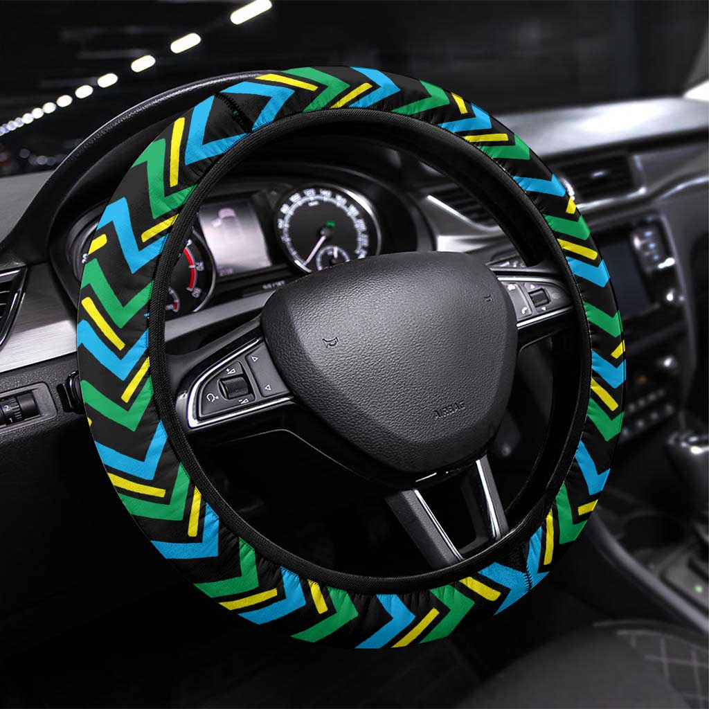 Tanzania Coastal Life Steering Wheel Cover - Swahili Dhow Boat and Tribal Pattern