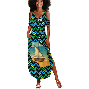 Tanzania Coastal Life Summer Maxi Dress - Swahili Dhow Boat and Tribal Pattern