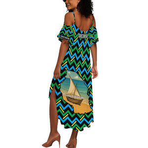 Tanzania Coastal Life Summer Maxi Dress - Swahili Dhow Boat and Tribal Pattern