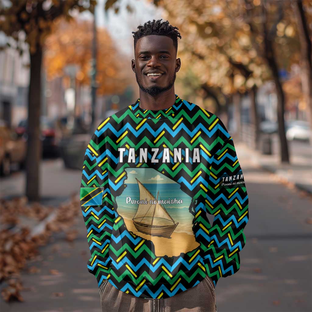 Tanzania Coastal Life Sweatshirt - Swahili Dhow Boat and Tribal Pattern