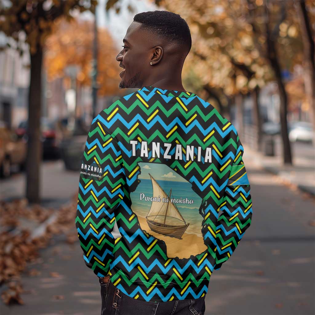 Tanzania Coastal Life Sweatshirt - Swahili Dhow Boat and Tribal Pattern