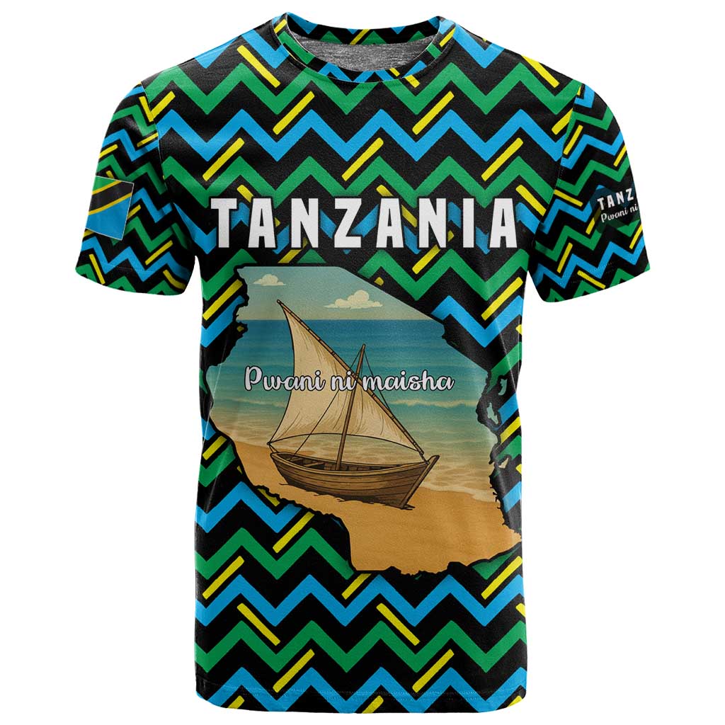 Tanzania Coastal Life T shirt - Swahili Dhow Boat and Tribal Pattern