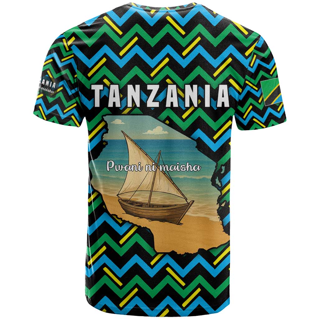 Tanzania Coastal Life T shirt - Swahili Dhow Boat and Tribal Pattern