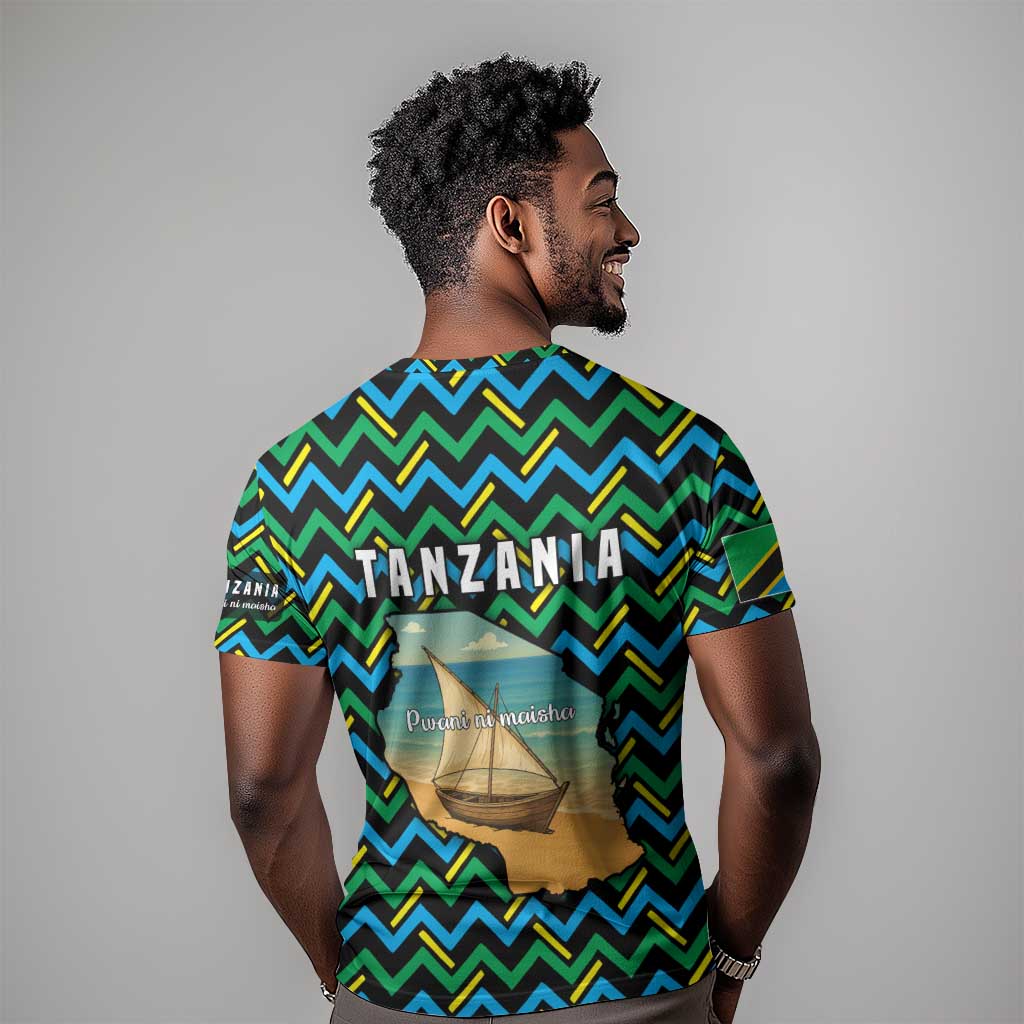 Tanzania Coastal Life T shirt - Swahili Dhow Boat and Tribal Pattern