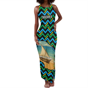Tanzania Coastal Life Tank Maxi Dress - Swahili Dhow Boat and Tribal Pattern