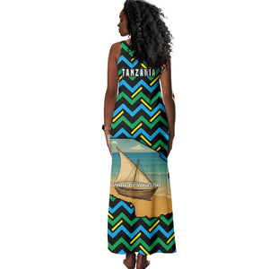 Tanzania Coastal Life Tank Maxi Dress - Swahili Dhow Boat and Tribal Pattern