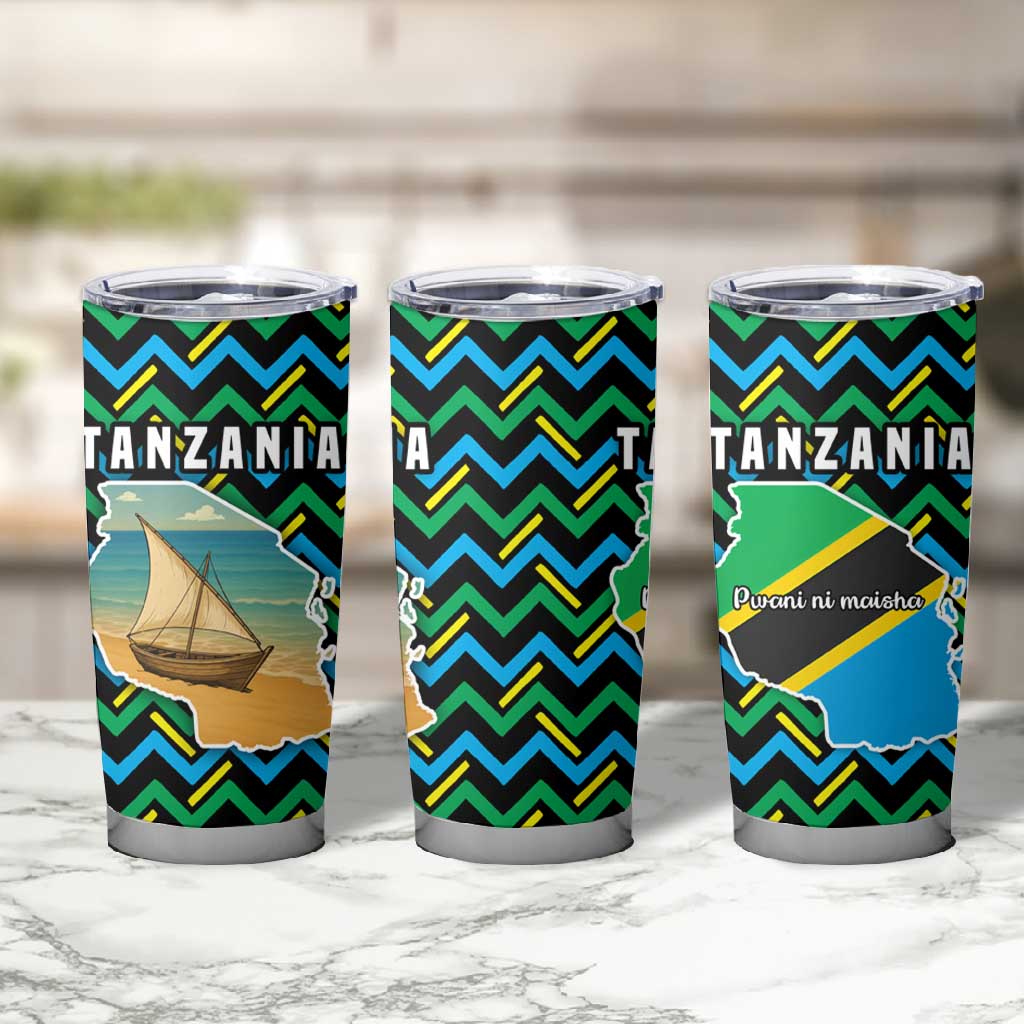 Tanzania Coastal Life Tumbler Cup - Swahili Dhow Boat and Tribal Pattern